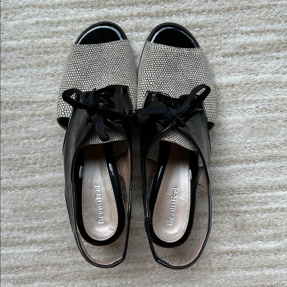 EUC Beautifeel Slingback Peep Toe Lace up Sandals Black Patent Dots EU 40 US 9.5